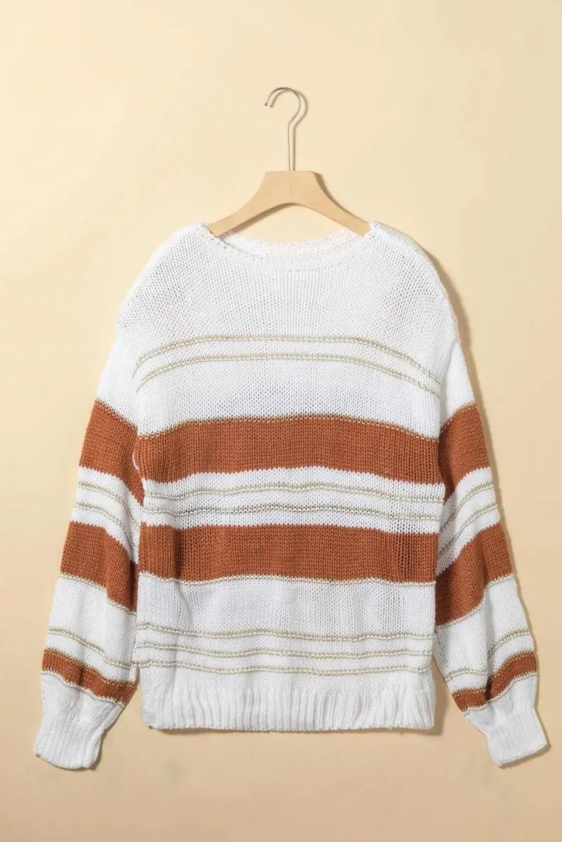 Striped Round Neck Dropped Shoulder Sweater - Love Salve